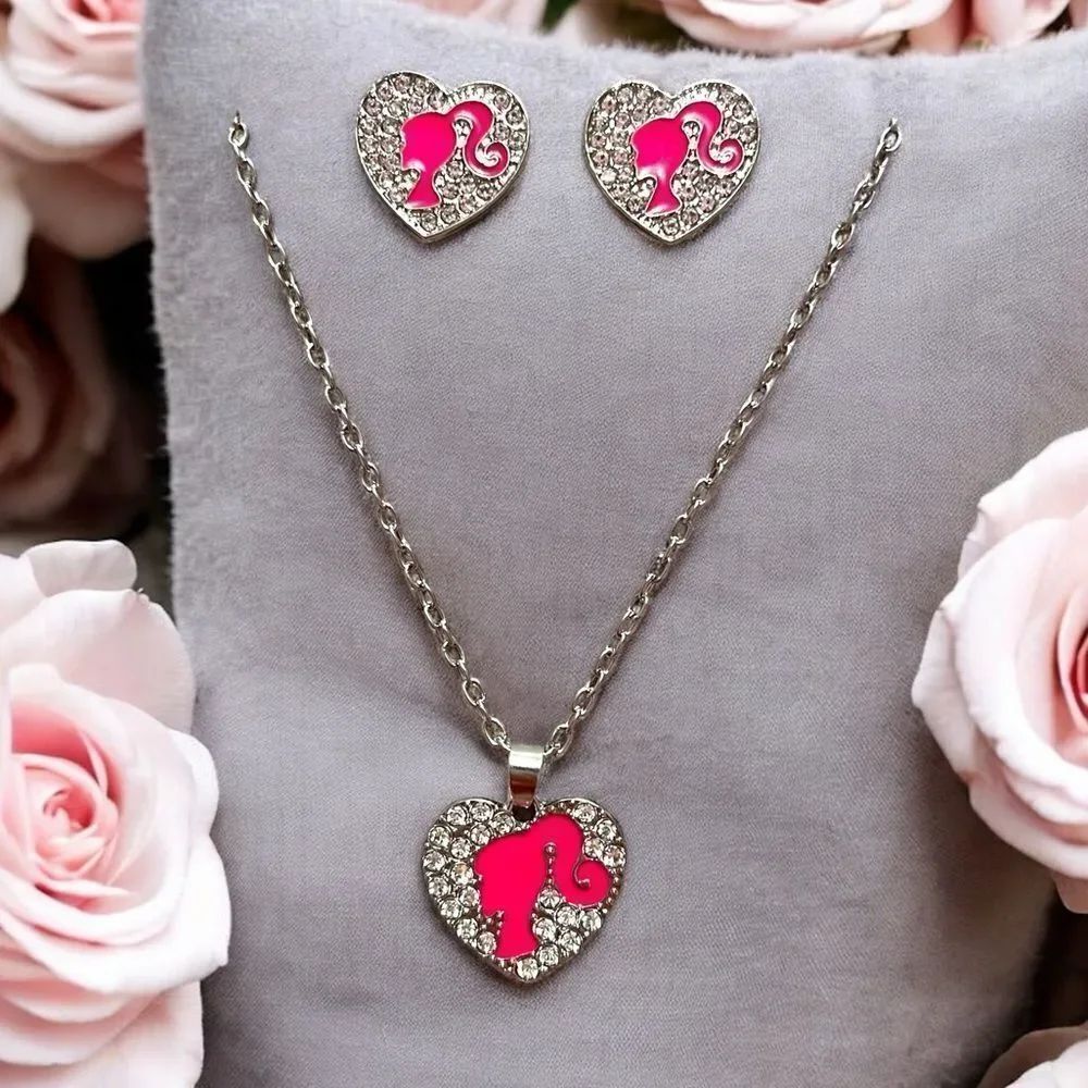Pink And White Rhinestone Barbie Heart Silver Necklace And Earrings Jewelry Set
